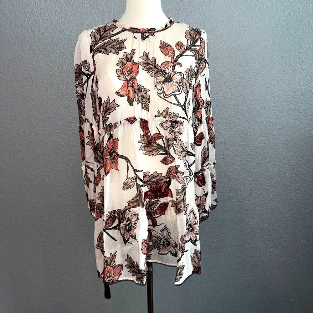 FOR LOVE and LEMONS Sheer Floral Ruffle Hem Tiered Sleeves Tassel Cuffs Dress S